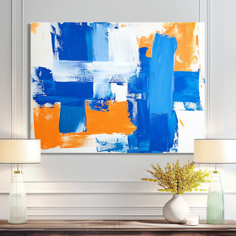 «Blue and Orange Kinetic Energy I - Minimalisme», impression métallique moderne, H 16 po x l 32 po