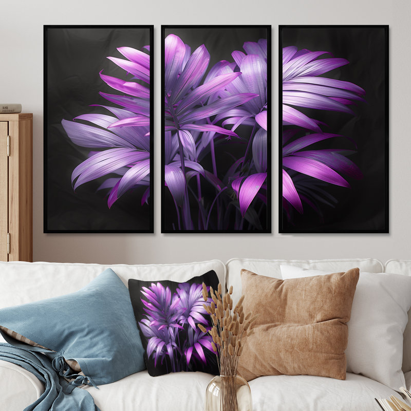 Ensemble de salon mural Crespeown - Palmiers mauves et fleurs mystiques, Toile avec cadre flottant noir