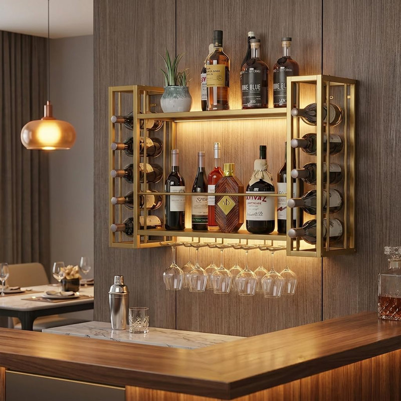 47.2" Wine Rack Wall Mounted with LED Lights, Gold
