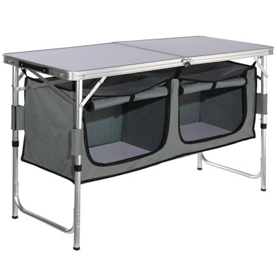 Table de camping, table de camping pliante à montage rapide avec sac de transport, 3 hauteurs réglables, table de camping en panneau de fibres à densité moyenne, idéale pour les pique-niques en plein air, les barbecues, le camping et les voyages en véhicule récréatif