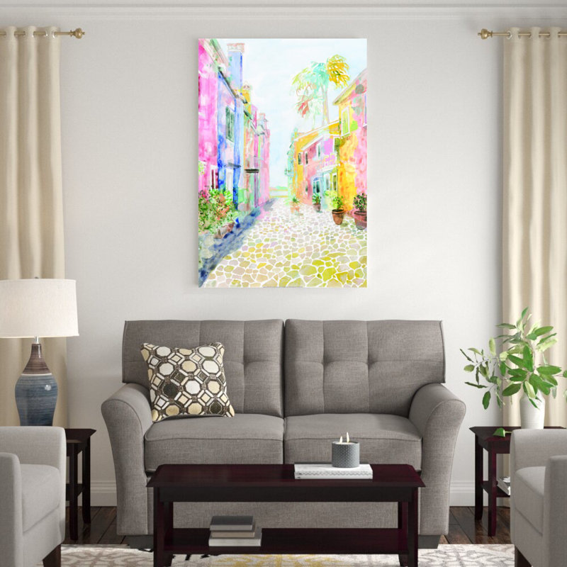 Watercolor Charleston Rainbow Row Homes - Peinture sur toile, H 48 po x l 32 po, Toile encadrée, Noyer