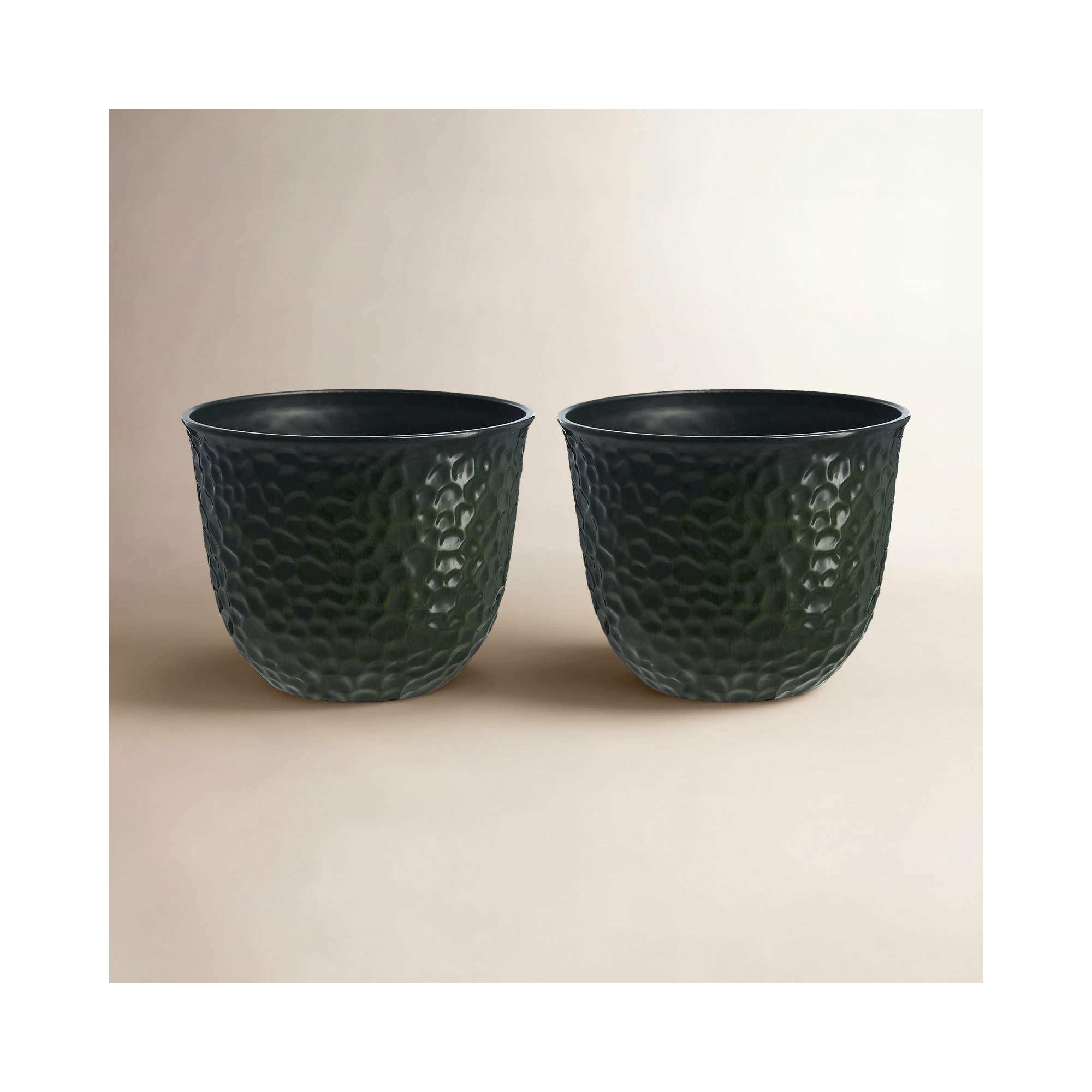 15.25"D Set Of 2 Honeycomb Textured Green Faux Ceramic Pot Plastic Planter, Green