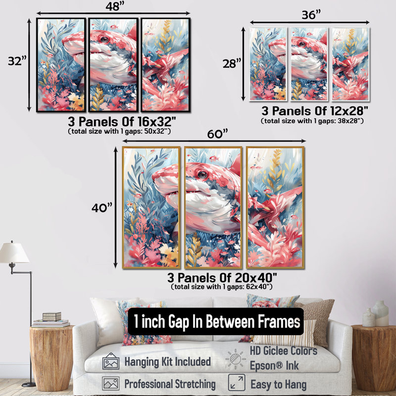 Pink Grey Hunting Shark Watercolor I - Sharkwall Art Wall Art Living Room Set, 40" H x 20" W x 1" D