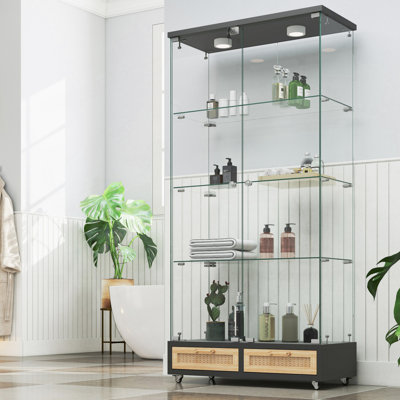 Vitrine moderne en verre avec lumières DEL, tablettes trempées et tiroirs sécurisés