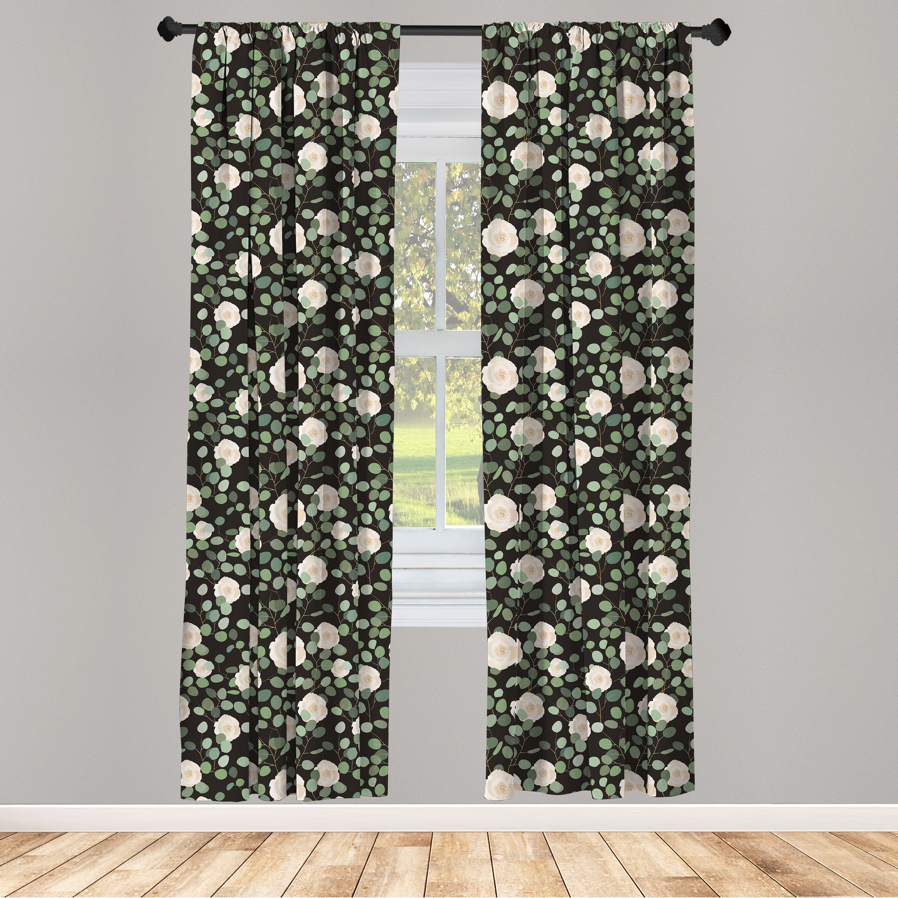Drapery Top View East Urban Home Eucalyptus 4-Panel Curtains, Top View Roses Leaves Dark ...