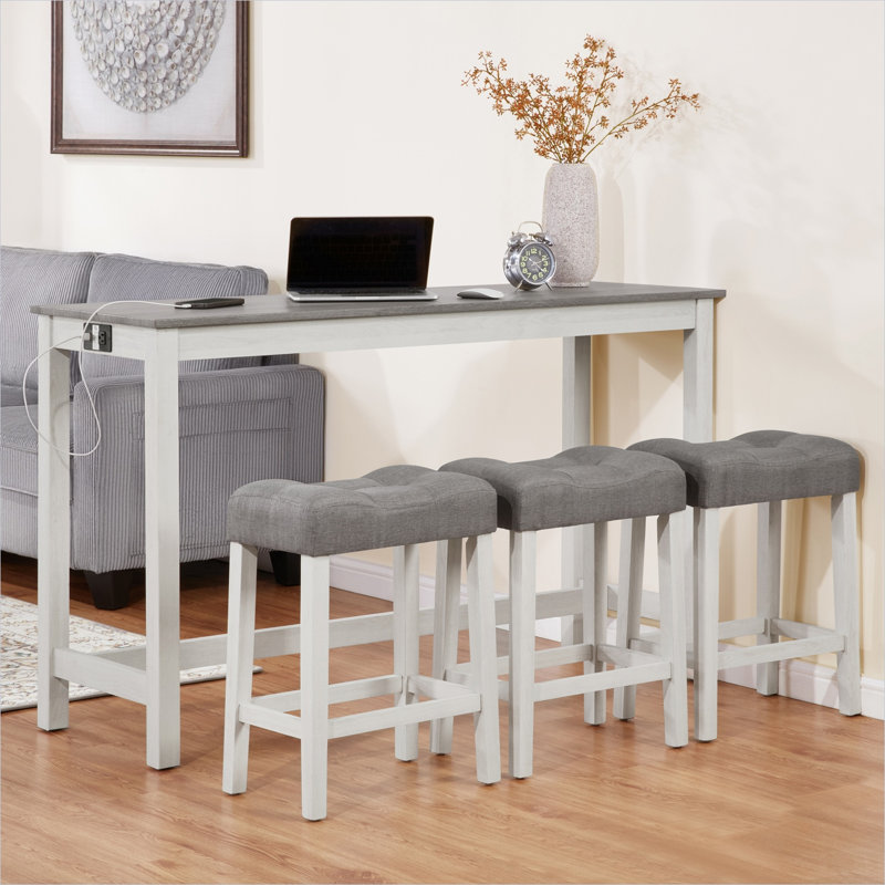 Ensemble de table de bar 4 pièces blanc et gris avec prise de courant, derrière un canapé-pub, style moderne compact rectangulaire