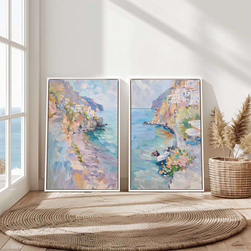 Ensemble de 2 impressions sur la côte pastel Amalfi, 18 po x 12 po, Cadre flottant or poli