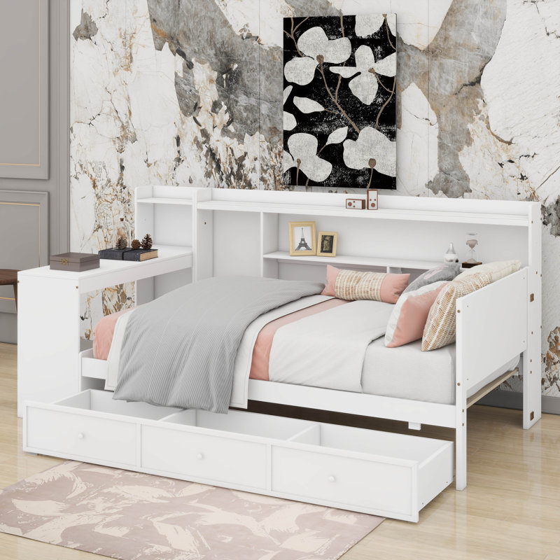 Twin Size Wooden Daybed With Drawers, USB Ports And Desk, Twin, White