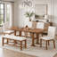 Ensemble de salle à manger extensible robuste de 6 pièces avec piètement à tréteaux, chaises rembourrées et banc pour une utilisation polyvalente à domicile-133630577