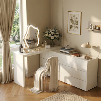 Cream Vanity Extendable Vanity Table with 6 Drawers Modern Home Office Desk