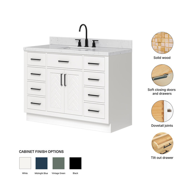 Ensemble de meuble-lavabo rectangulaire simple 48 po avec comptoir en quartz blanc Carrara, Rectangulaire, Blanc