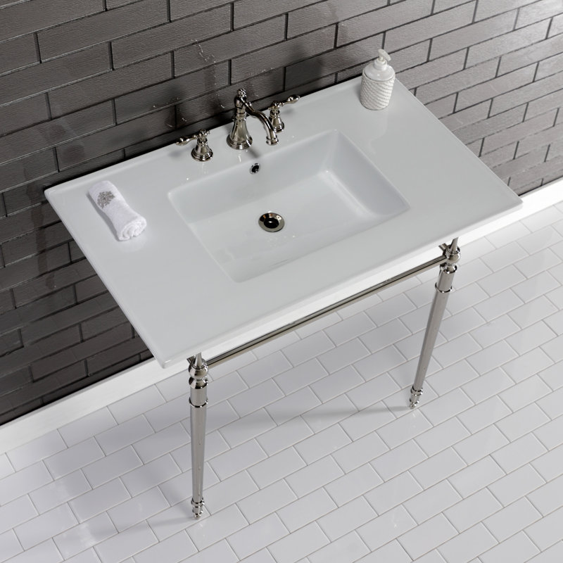 Kingston Brass Edwardian 37-Inch Ceramic Console Sink with Brass Legs, White/Polished Nickel, 8" Centers