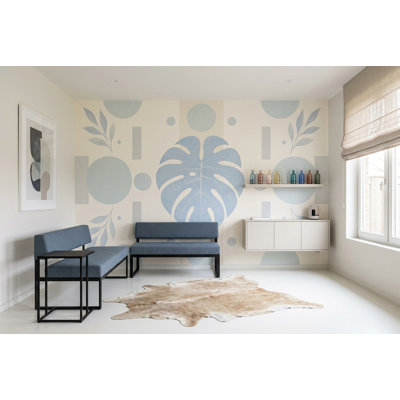 Fresque murale Monstera bleu clair sauge géométrique botanique moderne et minimaliste