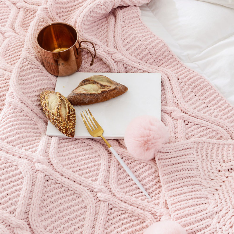 Chenille knit throw blanket with pom poms