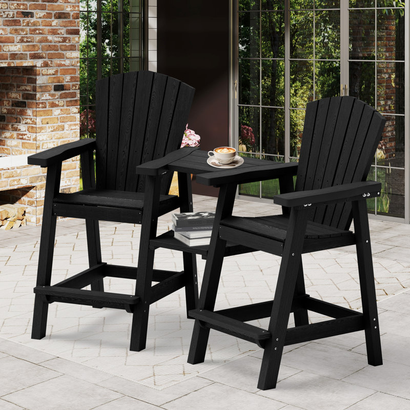 HDPE Tall Adirondack Chair Set with Removable Double Connecting Trays (Set of 2), Black