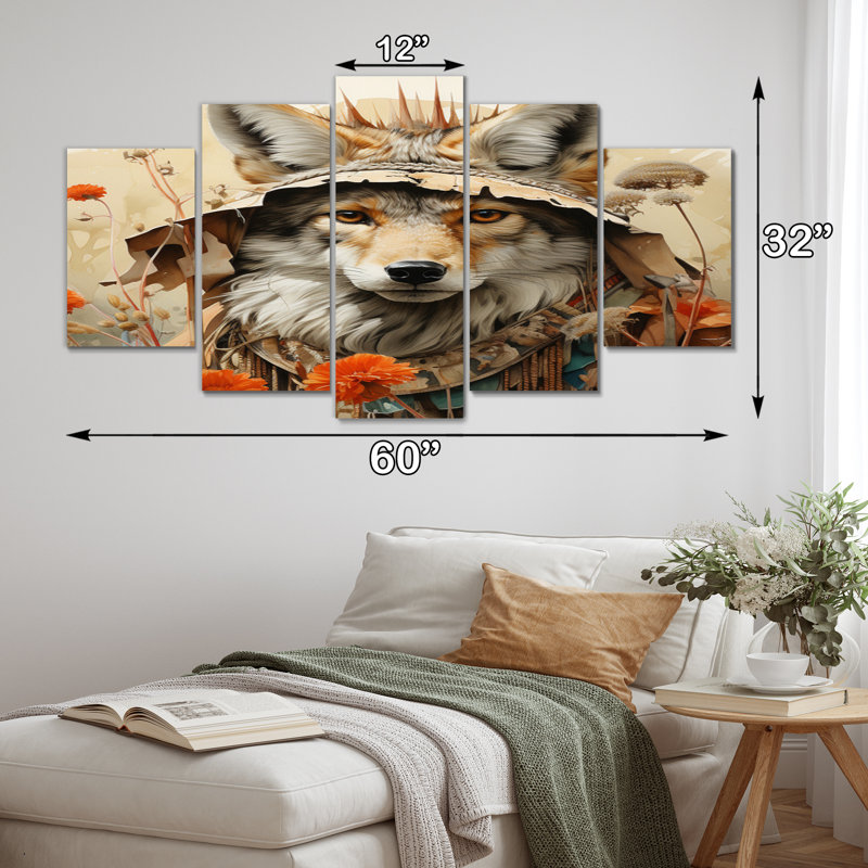  «Native Art Coyotes Trickery - Native American Art, reproduction sur toile - 5 panneaux