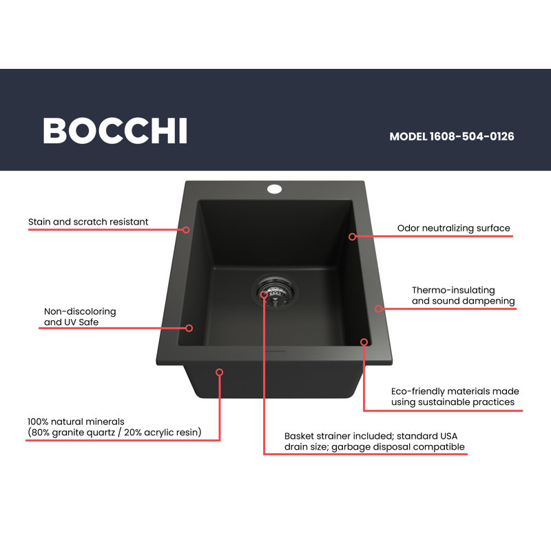 Campino 16'' L Single Basin Kitchen Sink, Matte Black