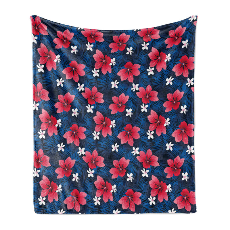 Ambesonne Fleece Throw Blanket Tiny Little Hearts, Blue/Red Floral, 50" W x 60" L