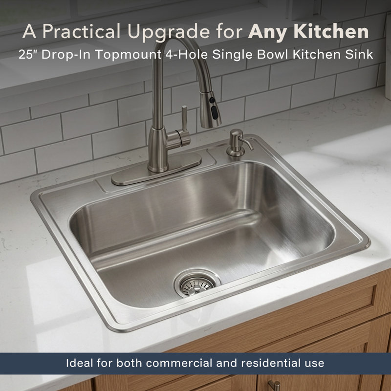Houzer  25 in Stainless Topmount 4-hole Single Bowl 8 in Deep Kitchen Sink w/ Strainer - 2522-8BS4-C
