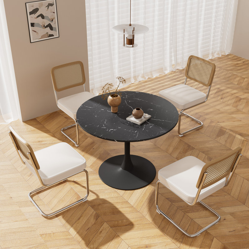 5 - Piece Pedestal Dining Table Set, Beige, 28.70"H x 31.50"L x 31.50"W, Black