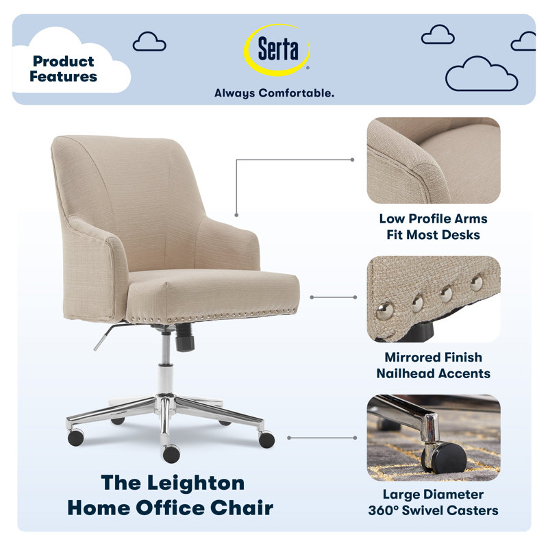 Serta Leighton Home Office Desk Chair, Mid-Back with Chrome Nailheads, Memory Foam Cushion and Padded Arms, Mid Century Modern Vanity Armchair with Wheels, Swivel Base, Twill Fabric, Stoneware Beige - Thumbnail 4