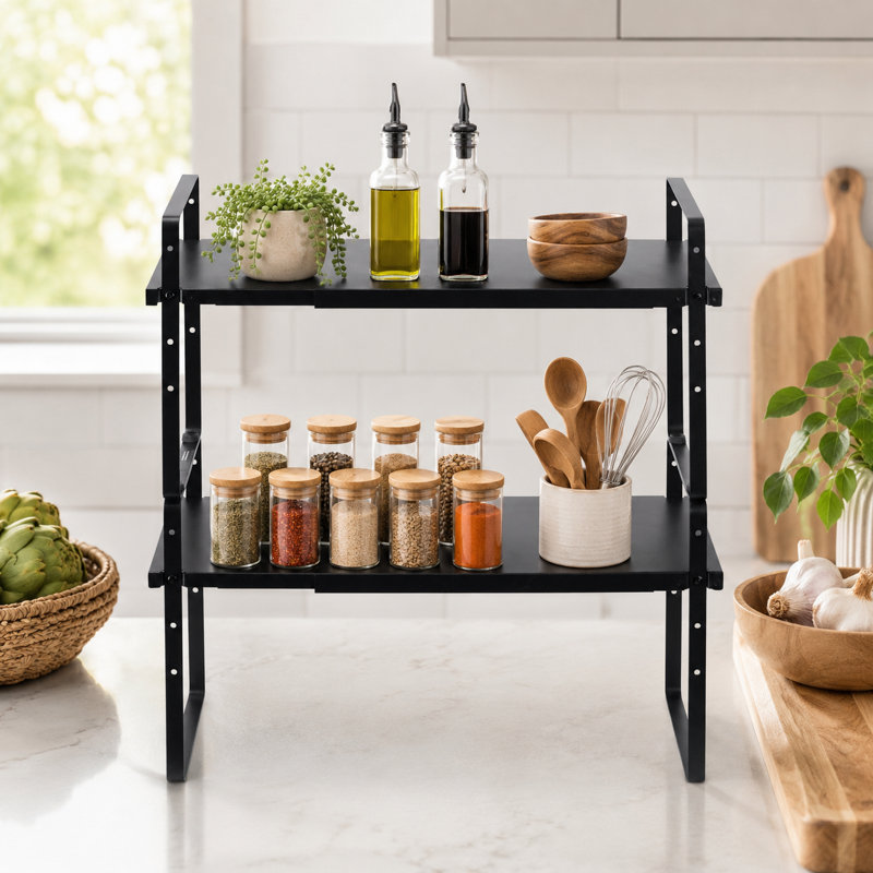 19.64-inch black extendable double-layer storage rack, height adjustable and stackable, suitable for kitchen, bathroom, office, countertop, and cabinet storage.