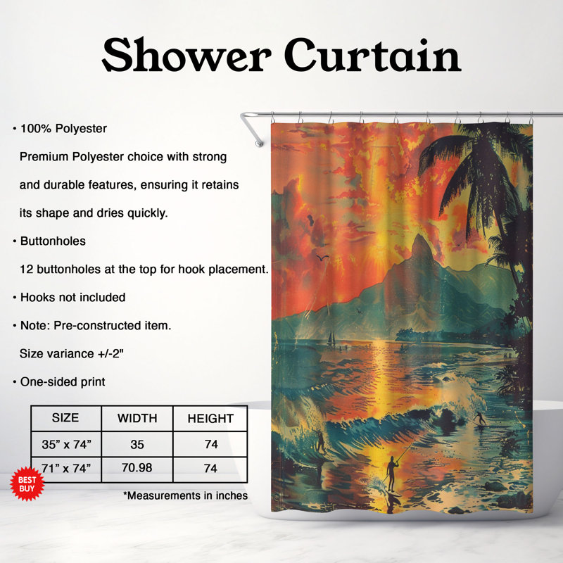 Rideau de douche standard 1 pièce Old-World Island Sunset, H 74 po x l 71 po