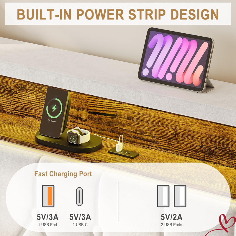 Structure de lit double / très grand lit avec station de charge, lit plateforme tapissier en velours avec tête de lit à oreilles