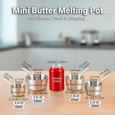 DM Multi-ply Clad Stainless Steel Butter Warmer 4-Piece Set,  Induction Compatible, Small Saucepan for Coffee, Milk, Dishwasher and Oven Safe, Cool Grip Handles, 0.14/0.23/0.39/0.57 Qt