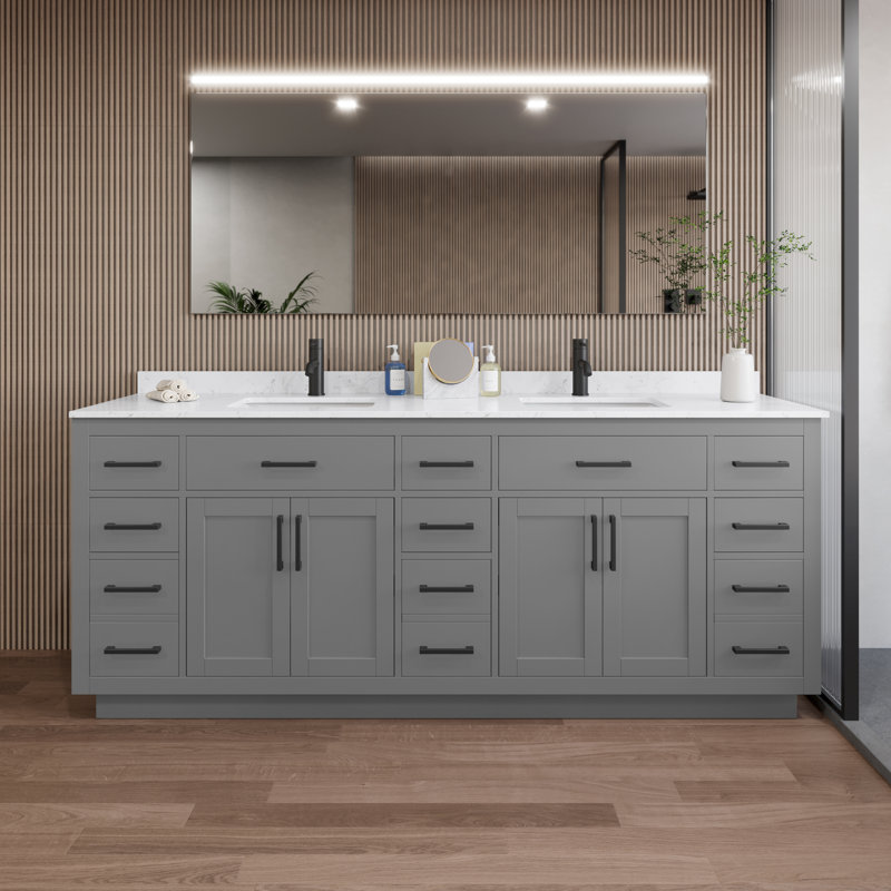 Beckett TK 84'' W Double Vanity, Dark Gray, Carrara Cultured Marble, Matte Black