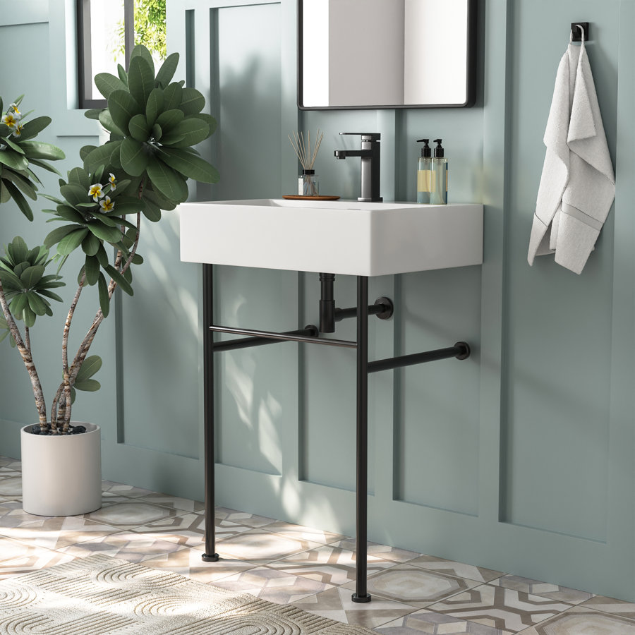 Ceramic White Rectangular Single Faucet Hole 24 in Console Bathroom Sink with Overflow