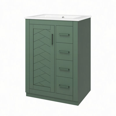 Meuble-lavabo avec lavabo en céramique intégrée, armoire de salle de bain à 1 porte et 3 tiroirs, meuble-lavabo simple vasque pour petites et moyennes salles de bain