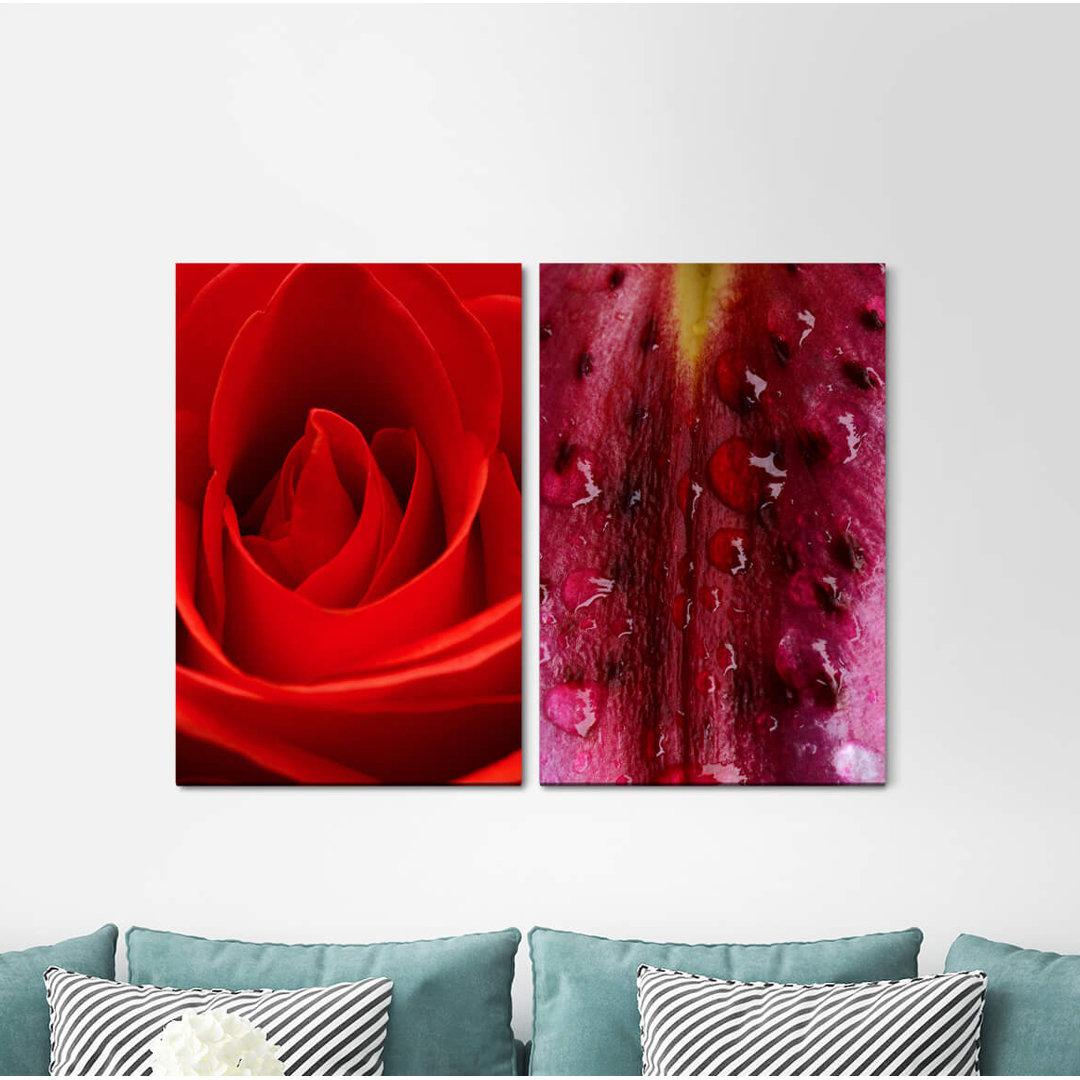 2-tlg. Leinwandbilder-Set - Grafikdruck „Rose Red Flowers Raindrops”