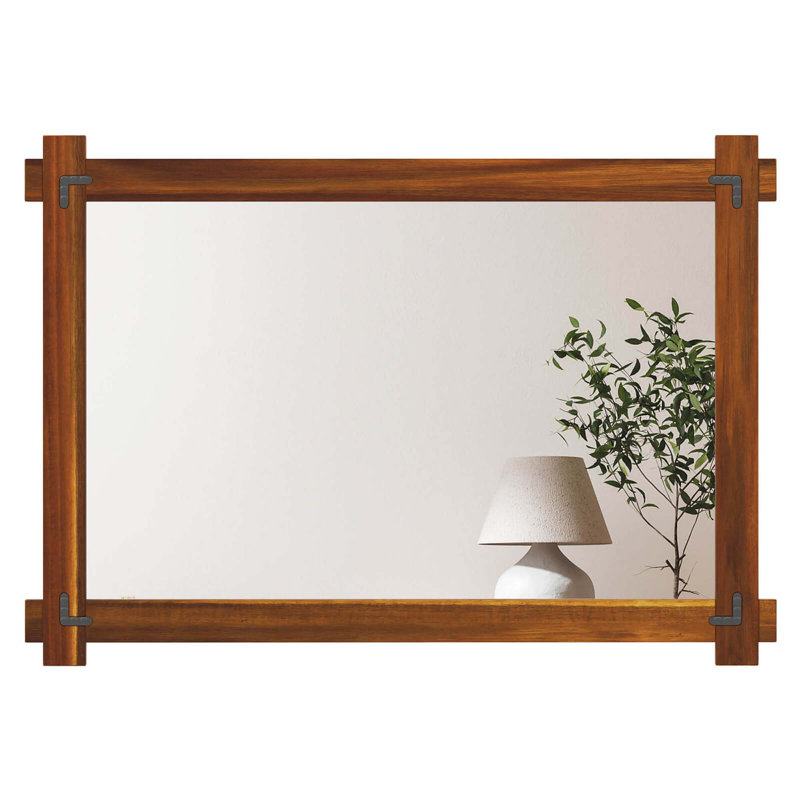 Shatterproof Wall Mirror With Acacia Wood Frame & Vintage Rivet Design, 40" x 28.5"