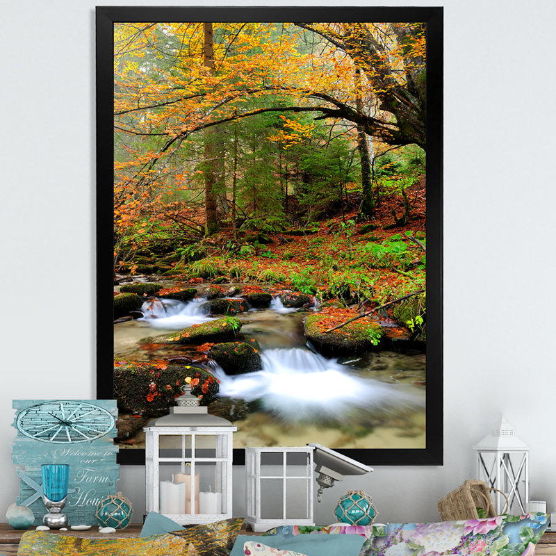 «Beautiful Autumn Forest Waterfall V», œuvre d'art traditionnelle sur toile, Toile avec cadre noir, H 8 po x l 12 po x P 1 po