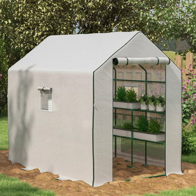 Petite serre de 4,6 pi x 4,7 pi et humidité, avec tablettes végétales à 2 niveaux, blanc, extérieur, jardin, patio, tablettes de rangement météorologiques portatives