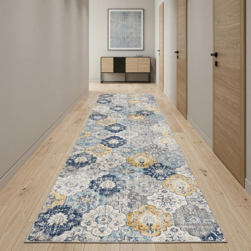 Tapis floral bleu et jaune, Tapis de couloir 2 pi x 10 pi