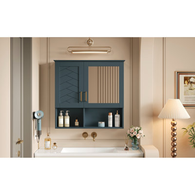 Armoire à pharmacie murale 2 en 1 pour salle de bain avec tablettes réglables, portes à fermeture en douceur, miroir haute définition, 30 pouces, design moderne, fonction de miroir en bois massif et peint en bleu