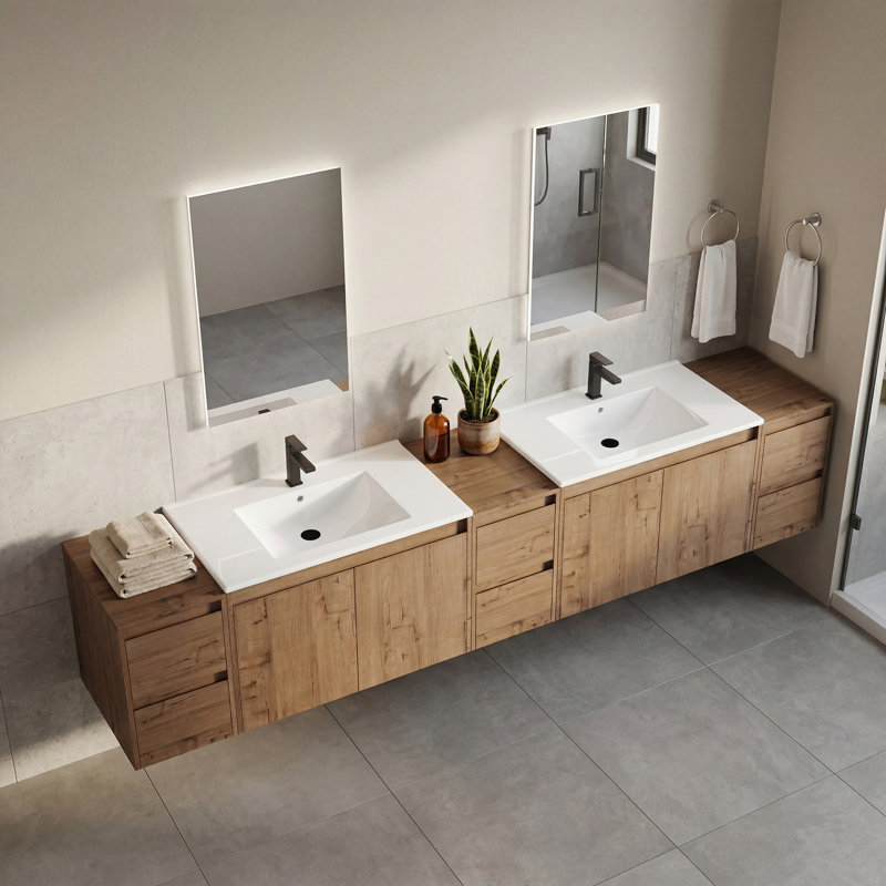 96" Floating Double Bathroom Vanity with Ceramic Sink and Handle-Free Design, 96"