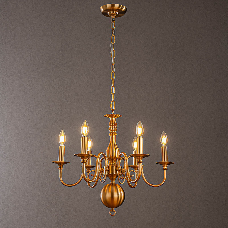 Lustre de style campagne française à 6 lumières, 61 cm (24 po), intensité variable, en laiton chaud, suspension de style bougie vintage réglable pour salle à manger ou hall d'entrée.