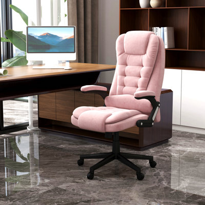 Fauteuil de bureau vibrant rose à 6 points de massage, avec dossier chauffant, dossier haut inclinable, accoudoirs rembourrés et télécommande