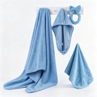 Blue 4‑Piece Bathroom Set, Bath Towel, Hand Towel, Hair Turban & Headband for Home Daily Use