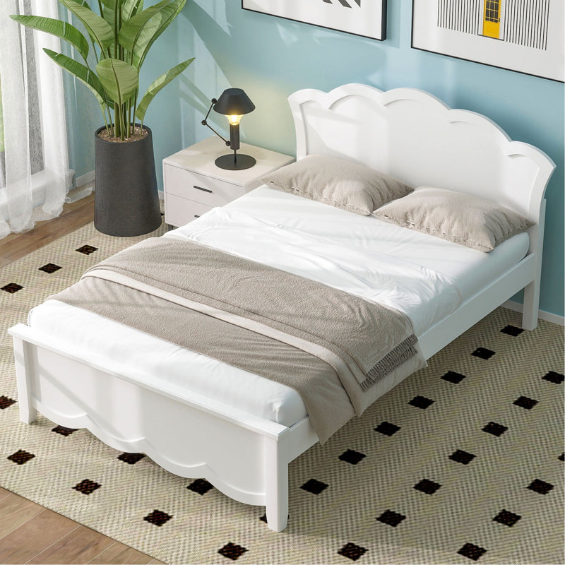 Lit plateforme double en bois avec tête de lit double, blanc
