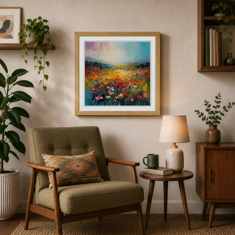 Meadow Palette Knife Painting No.3 - Single Picture Frame Print on Wood, Oak