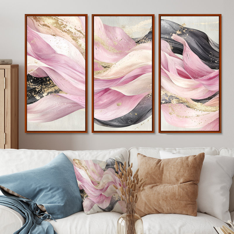 Ensemble de salon art mural abstrait rose et blanc captivant II, H 28 po x l 36 po x P 1 po, Toile avec cadre flottant brun