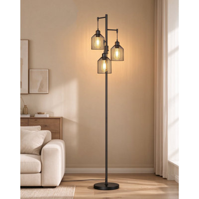 Matte Black LED Floor Lamp, H176.5cm with 3 × 6W Integrated LED Bulbs [Energy Class E], 0–100% Stepless Dimming & Rotary Dimmer Switch