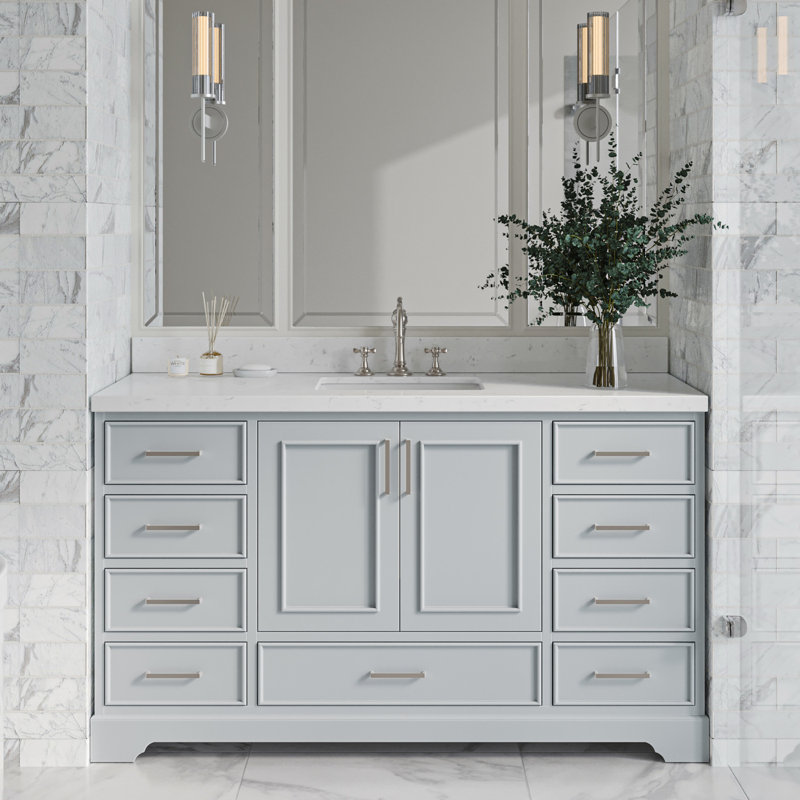 60.25'' Single Bathroom Vanity with Carrara Quartz Top, Gray
