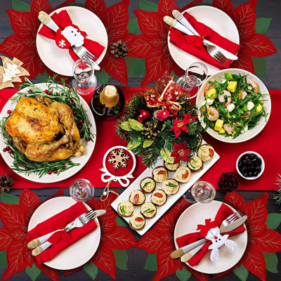 6 Pcs Christmas Poinsettia Placemats Embroidered Double Layer Applique Red Flower Xmas Placemats For Christmas Holiday Dining Table Decoration