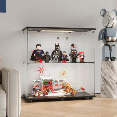 Glass Display Cabinet, Curio Cabinet, Bookcase With 3 Led Lights, 2 Shelf Double Door, Black by RoomTec