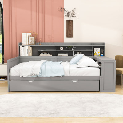 Wooden Daybed with Storage Shelves, Twin Trundle and Study Desk by Lark Manor